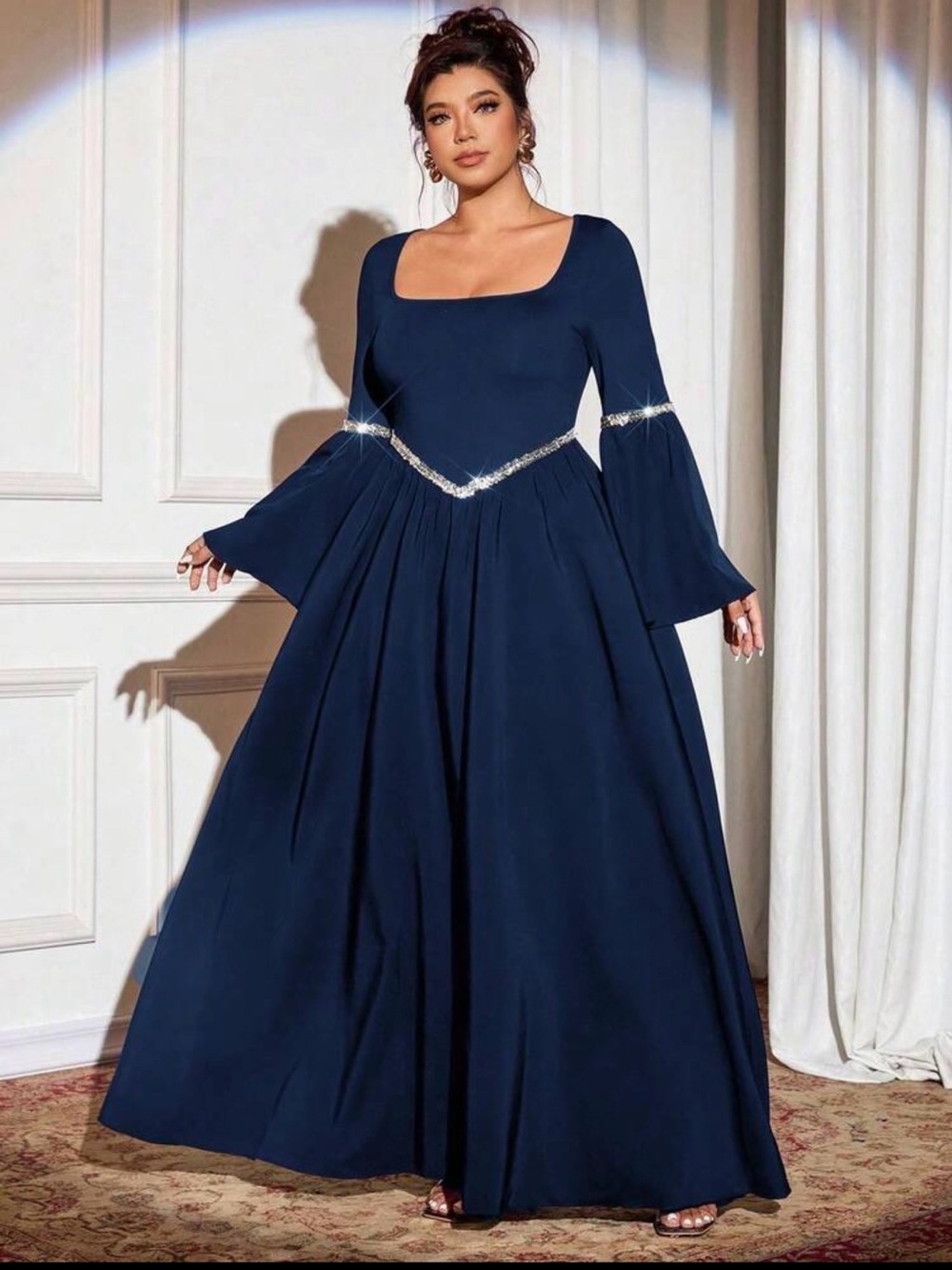 Square-Neck Navy Maxi Dress with Rhinestone Accent